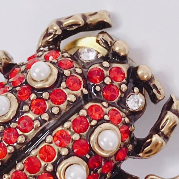 Signed Heidi Daus Ladybug Clip On Earrings Red White Rhinestone Vintage Whimsy - Picture 3 of 10